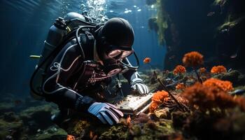 ai generado uno persona buceo dentro azul agua, explorador generado por ai foto