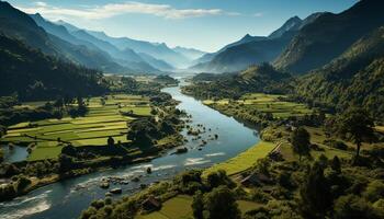 AI generated Mountain landscape with water, grass, forest, and farm generated by AI photo