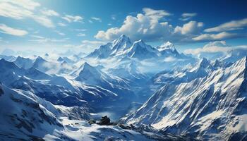 AI generated Majestic mountain peak, snow covered, tranquil scene generated by AI photo