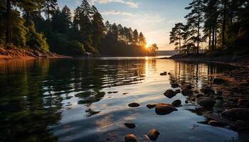 AI generated Tranquil scene of sunset over water and forest generated by AI photo
