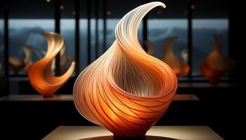 AI generated Wooden vase on table, glowing flame illuminates decoration generated by AI photo