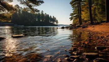 AI generated Tranquil scene of autumn forest reflects in pond generated by AI photo