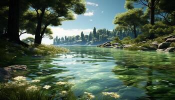 AI generated Tranquil scene of green meadow reflects in pond generated by AI photo