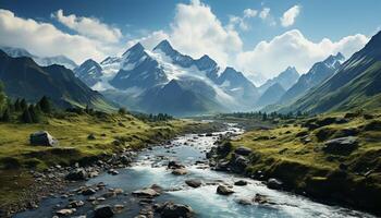 AI generated Majestic mountain peak reflects sunlight in tranquil meadow generated by AI photo