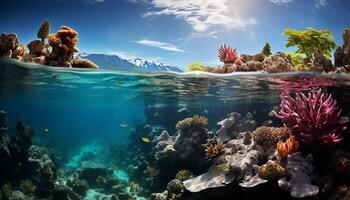 AI generated Underwater reef, fish swim in beautiful blue water generated by AI photo