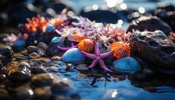 AI generated Close up of multi colored starfish in tropical water generated by AI photo