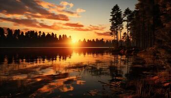 AI generated Sunset over tranquil pond, reflecting vibrant autumn colors generated by AI photo