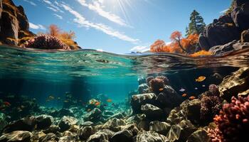ai generado submarino pescado nadar en el hermosa azul arrecife generado por ai foto