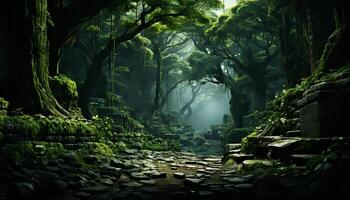 AI generated Mysterious dark forest, ancient ruins, tranquil wet night generated by AI photo