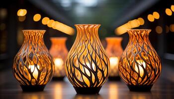 AI generated Illuminated pottery decoration on table, indoors at night generated by AI photo