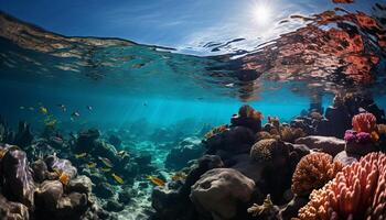 AI generated Underwater reef, fish swim in blue tropical sea generated by AI photo