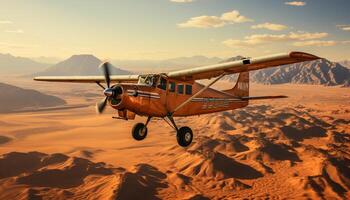 AI generated Flying airplane over mountain range in beautiful sunset generated by AI photo