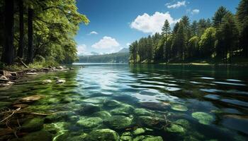 AI generated Tranquil scene of green forest reflects in pond generated by AI photo