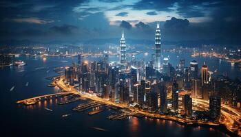 AI generated Night skyline, skyscrapers illuminate the modern city generated by AI photo