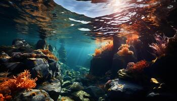 ai generado submarino pescado nadar en el hermosa coral arrecife generado por ai foto