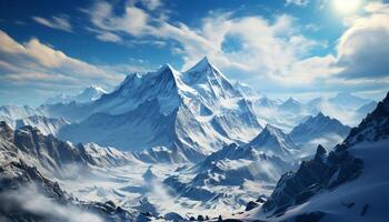 AI generated Majestic mountain peak, snow covered, tranquil scene generated by AI photo