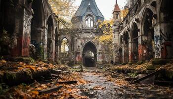 ai generado arruinado antiguo capilla, escalofriante y oscuro, manchado paredes, antiguo historia generado por ai foto