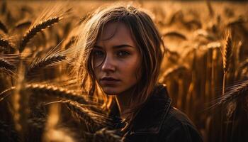 AI generated Young woman in rural scene, looking at camera, smiling in sunset generated by AI photo