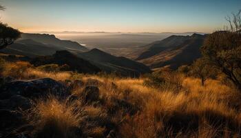 ai generado majestuoso montaña cima, tranquilo prado, puesta de sol cielo, aventuras en naturaleza generado por ai foto