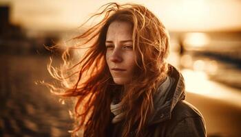 ai generado un hermosa joven mujer sonrisas, disfrutando el puesta de sol en naturaleza generado por ai foto