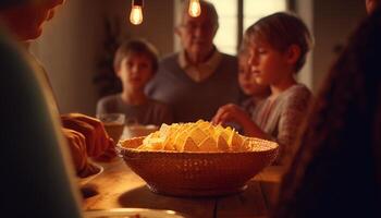 ai generado un contento familia disfrutando un comida juntos en su cocina generado por ai foto