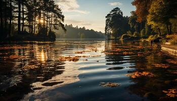 AI generated Tranquil scene of autumn forest reflects in pond generated by AI photo