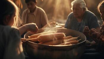 AI generated A happy family enjoying a picnic in nature, cooking outdoors generated by AI photo