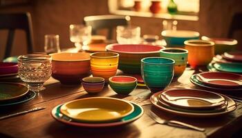 AI generated Multi colored pottery bowls arranged on a wooden table for decoration generated by AI photo