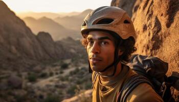 ai generado un hombre determinación en al aire libre aventura, alpinismo montañas con confianza generado por ai foto