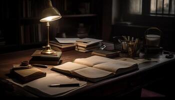 AI generated Wooden table with old books, lamp, and leather bound diary generated by AI photo