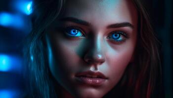 ai generado hermosa joven mujer con azul ojos y largo marrón pelo generado por ai foto