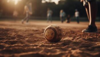 ai generado niños jugando béisbol en un soleado campo, disfrutando al aire libre trabajo en equipo generado por ai foto