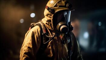 AI generated One person in protective workwear fights fire in the dark generated by AI photo