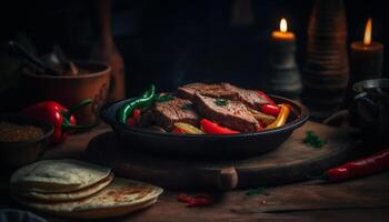 AI generated Grilled sirloin steak on a rustic wooden table, cooked to perfection generated by AI photo