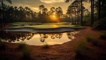 ai generado golf curso a atardecer, tranquilo escena, belleza en naturaleza generado por ai foto