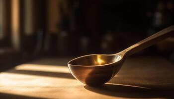 AI generated Wooden spoon on rustic table, close up of food in bowl generated by AI photo