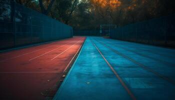 ai generado Noche competencia en un oscuro, azul pista Atletas desvanecimiento dentro naturaleza generado por ai foto