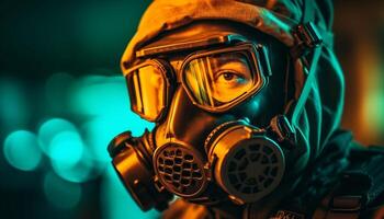 AI generated Men in protective workwear, armed forces, wearing gas masks, working generated by AI photo