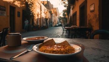 ai generado al aire libre comida en rústico madera silla, disfrutando gastrónomo bebida a puesta de sol generado por ai foto