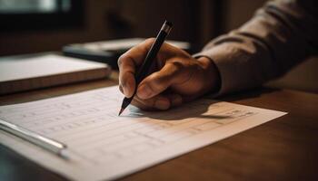 AI generated A businessman sitting at a desk, planning with pen and paper generated by AI photo