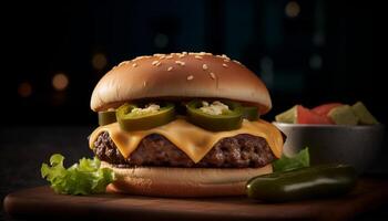 AI generated Grilled beef burger with cheese, tomato, and onion on bun generated by AI photo