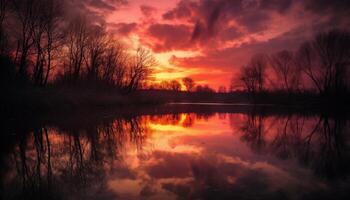 ai generado puesta de sol terminado tranquilo agua, reflejando el belleza de naturaleza oscuridad generado por ai foto