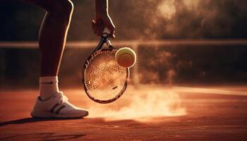 ai generado joven adulto jugando tenis al aire libre, participación tenis raqueta y tenis pelota generado por ai foto