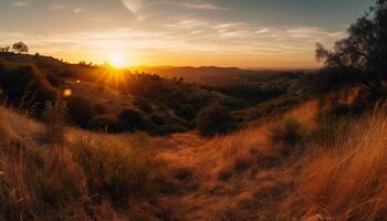 ai generado puesta de sol terminado el montaña, naturaleza belleza en un tranquilo paisaje generado por ai foto