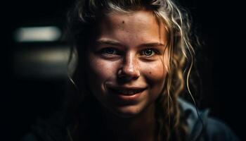 AI generated Smiling young woman with blond hair looking at camera outdoors generated by AI photo