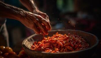 AI generated Cooking chili pepper in a bowl, hand holding spice, close up generated by AI photo