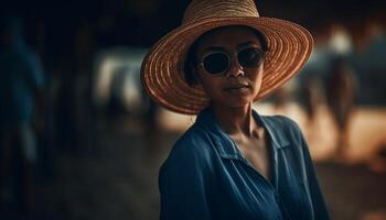 ai generado un confidente joven mujer en Gafas de sol mirando al aire libre con elegancia generado por ai foto