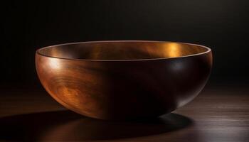 AI generated Wooden bowl on table, empty, reflecting rustic kitchenware department design generated by AI photo