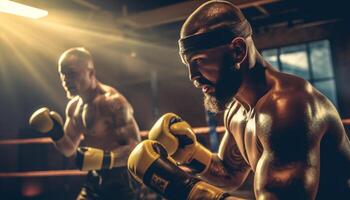 ai generado muscular hombres hacer ejercicio fuerza en boxeo anillo, kickboxing con determinación generado por ai foto