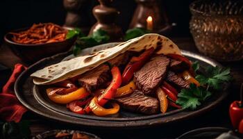 AI generated Grilled beef steak with fresh vegetables on a rustic wooden plate generated by AI photo